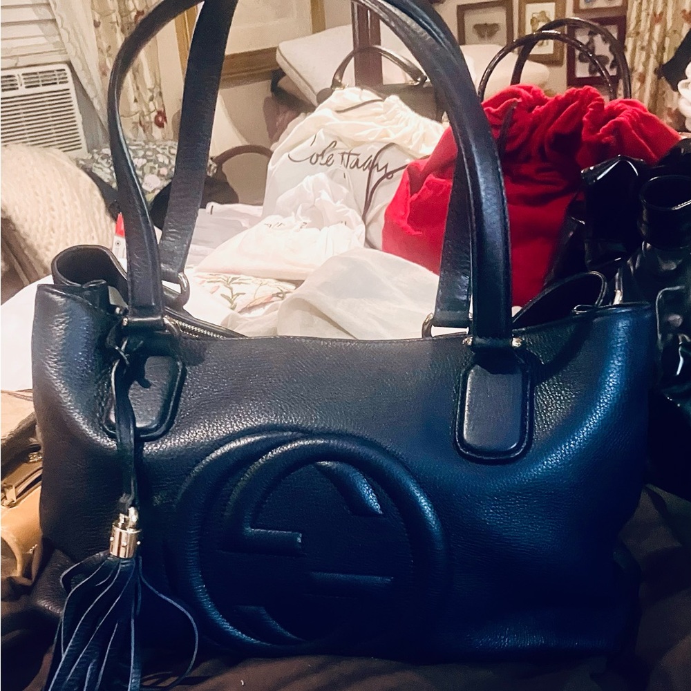 Deep Navy Blue Leather Tote Bag